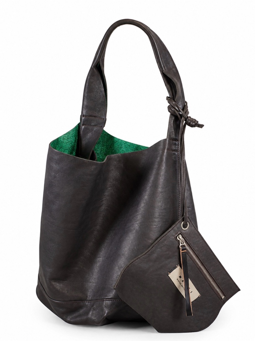 Marni Dark Brown Leather Tote with Green Suede Lining